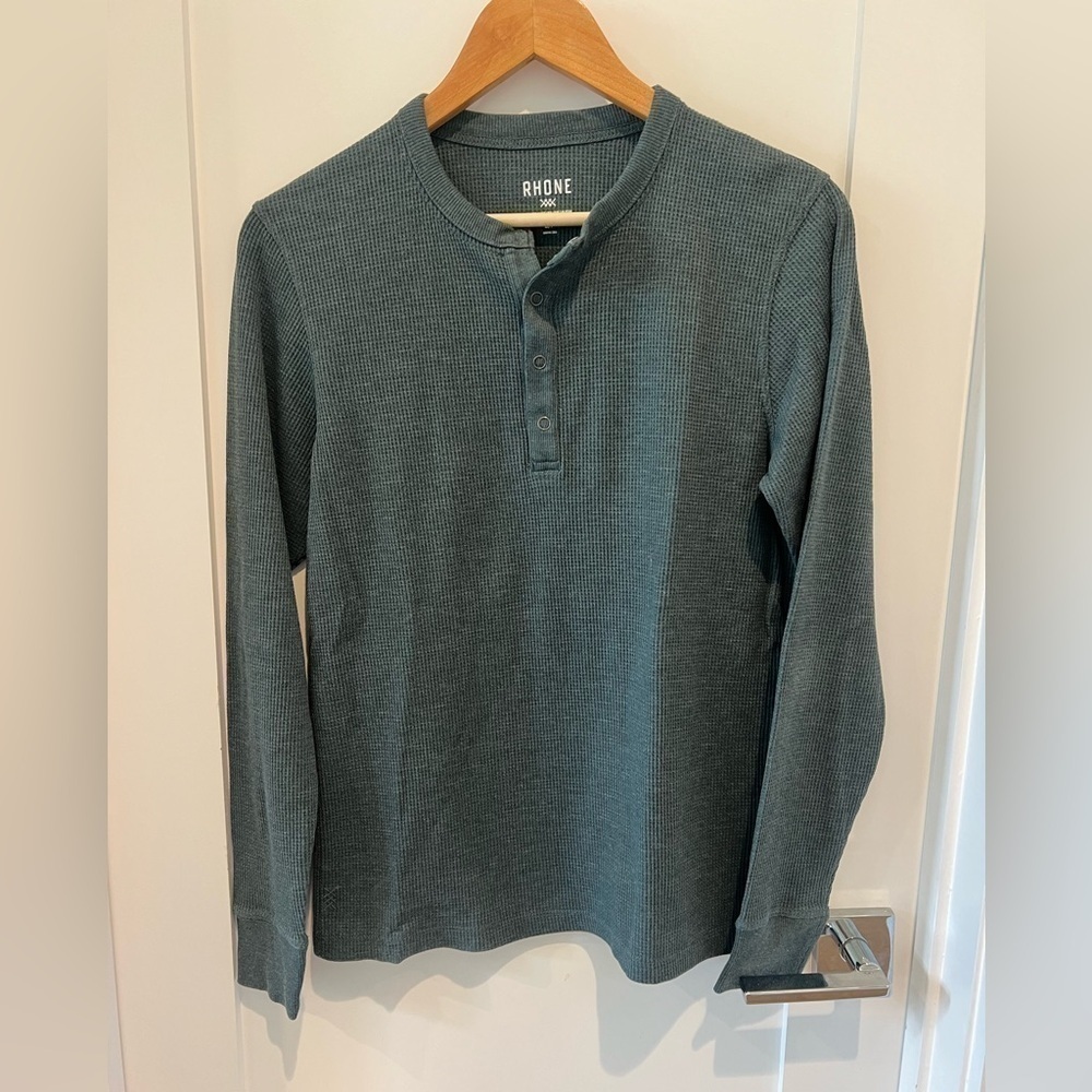Rhone Sweatshirt Men's Small Green Waffle Knit Thermal Button Crew Neck Pullover - Picture 8 of 11